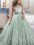 Ball Gown Jewel Sleeveless Lace Sweep/Brush Train Tulle Flower Girl Dresses TPP0007567