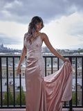 Trumpet/Mermaid Silk like Satin Applique V-neck Sleeveless Sweep/Brush Train Dresses TPP0004067