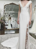 Sheath/Column Stretch Crepe Lace V-neck Sleeveless Court Train Wedding Dresses TPP0006988