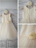 A-line/Princess Scoop Sleeveless Hand-made Flower Tea-Length Tulle Flower Girl Dresses TPP0007659