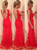 Trumpet/Mermaid V-neck Applique Sleeveless Lace Backless Floor-length Dress TPP0002259