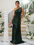 Sheath/Column Sequins Ruched One-Shoulder Sleeveless Sweep/Brush Train Bridesmaid Dresses TPP0004900