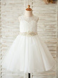 A-Line/Princess Tulle Lace Scoop Sleeveless Knee-Length Flower Girl Dresses TPP0007869