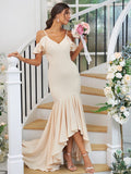 Trumpet/Mermaid Jersey Ruffles V-neck Sleeveless Asymmetrical Bridesmaid Dresses TPP0004937