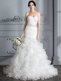 Trumpet/Mermaid Sweetheart Sleeveless Ruffle Sweep/Brush Train Satin Wedding Dresses TPP0006209