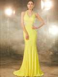 Trumpet/Mermaid V-neck Sleeveless Sweep/Brush Train Beading Spandex Dresses TPP0004146