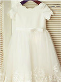 A-line/Princess Scoop Short Sleeves Tea-Length Lace Flower Girl Dresses TPP0007656