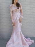 Trumpet/Mermaid Long Sleeves Scoop Sweep/Brush Train Applique Satin Dresses TPP0004235