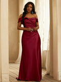 Sheath/Column Satin Ruched Off-the-Shoulder Sleeveless Sweep/Brush Train Bridesmaid Dresses TPP0004959