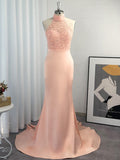 Trumpet/Mermaid Halter Sleeveless Satin Lace Sweep/Brush Train Dresses TPP0001594