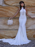 Trumpet/Mermaid Halter Sleeveless Stretch Crepe Ruffles Court Train Wedding Dresses TPP0006657