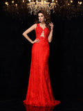 Sheath/Column V-neck Lace Sleeveless Long Satin Dresses TPP0003300