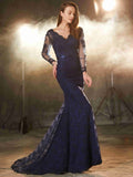 Trumpet/Mermaid V-neck Long Sleeves Applique Sweep/Brush Train Lace Dresses TPP0002339