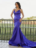 Trumpet/Mermaid Satin Ruffles V-neck Sleeveless Sweep/Brush Train Dresses TPP0001576