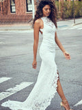 Trumpet/Mermaid Lace Halter Sleeveless Sweep/Brush Train Wedding Dresses TPP0006036