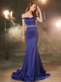 Trumpet/Mermaid Off-the-Shoulder Sleeveless Crystal Sweep/Brush Train Satin Dresses TPP0002328