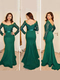 Trumpet/Mermaid Off-the-Shoulder Long Sleeves Applique Sweep/Brush Train Satin Dresses TPP0002280