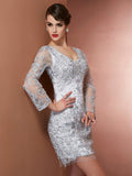 Sheath/Column V-neck Long Sleeves Beading Short Elastic Woven Satin Mother of the Bride Dresses TPP0007122