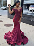 Trumpet/Mermaid Sleeveless Off-the-Shoulder Sweep/Brush Train Lace Satin Dresses TPP0002644