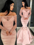 Trumpet/Mermaid Long Sleeves Off-the-Shoulder Sweep/Brush Train Ruffles Satin Dresses TPP0001836