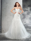 Sheath/Column Sweetheart Applique Sleeveless Long Satin Wedding Dresses TPP0006806