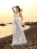 A-Line/Princess Halter Sash/Ribbon/Belt Sleeveless Long Lace Beach Wedding Dresses TPP0006523