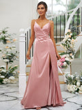 A-Line/Princess Silk like Satin Ruched V-neck Sleeveless Floor-Length Bridesmaid Dresses TPP0004934