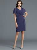 Sheath/Column V-neck Short Sleeves Chiffon Knee-Length Mother of the Bride Dresses TPP0007259