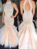 Trumpet/Mermaid Halter Sleeveless Beading Tulle Sweep/Brush Train Dresses TPP0001730