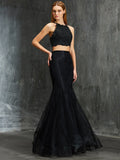 Trumpet/Mermaid Spaghetti Straps Sleeveless Applique Floor-Length Net Two Piece Dresses TPP0002540