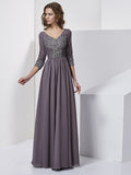 Sheath/Column V-neck Beading 3/4 Sleeves Long Chiffon Dresses TPP0009152