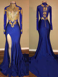 Trumpet/Mermaid High Neck Long Sleeves Sweep/Brush Train Applique Spandex Dresses TPP0001750