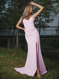 Sheath/Column Stretch Crepe Ruched V-neck Sleeveless Sweep/Brush Train Bridesmaid Dresses TPP0005013