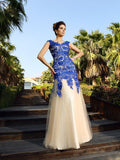 Sheath/Column V-neck Applique Sleeveless Long Net Dresses TPP0003368