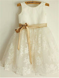 A-line/Princess Scoop Sleeveless Bowknot Tea-Length Lace Flower Girl Dresses TPP0007682