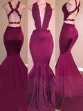 Trumpet/Mermaid V-Neck Stretch Crepe Sleeveless Applique Sweep/Brush Train Dresses TPP0001713