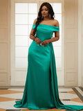 Sheath/Column Silk like Satin Ruffles Off-the-Shoulder Sleeveless Sweep/Brush Train Dresses TPP0001406