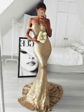 Trumpet/Mermaid Sleeveless Off-the-Shoulder Sweep/Brush Train Ruffles Sequins Dresses TPP0002491