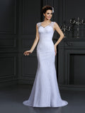 Sheath/Column V-neck Lace Sleeveless Long Satin Wedding Dresses TPP0006643