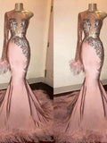 Trumpet/Mermaid Elastic Woven Satin Feathers/Fur One-Shoulder Long Sleeves Sweep/Brush Train Dresses TPP0001807