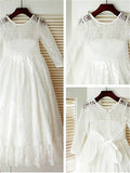 A-line/Princess Scoop Long Sleeves Bowknot Ankle-Length Lace Flower Girl Dresses TPP0007709