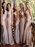 Sheath/Column Sleeveless V-neck Sweep/Brush Train Silk like Satin Bridesmaid Dresses TPP0005038