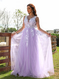 A-Line/Princess Tulle Applique V-neck Sleeveless Floor-Length Dresses TPP0001418