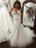 Trumpet/Mermaid Tulle Applique Off-the-Shoulder Sleeveless Sweep/Brush Train Wedding Dresses TPP0006097