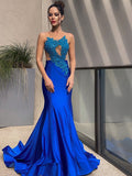 Trumpet/Mermaid Applique Satin Scoop Sleeveless Sweep/Brush Train Dresses TPP0004429