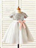 A-line/Princess Scoop Short Sleeves Sequin Tea-Length Tulle Flower Girl Dresses TPP0007726