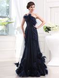 Trumpet/Mermaid One-shoulder Sleeveless Long Satin Tulle Feathers/Fur Dresses TPP0003611