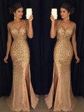 Sheath/Column V-neck Sequin Sweep/Brush Train Sleeveless Jersey Dresses TPP0001711