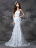 Trumpet/Mermaid Strapless Sash/Ribbon/Belt Sleeveless Long Lace Wedding Dresses TPP0006769