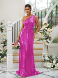 Sheath/Column Sequins Ruched One-Shoulder Sleeveless Sweep/Brush Train Bridesmaid Dresses TPP0004900